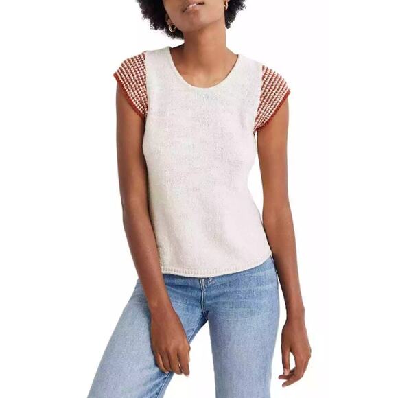 Madewell Tops - Madewell Kimble Stripe Knit Sweater Short Cap Flutter sleeves Rust Cream Stripe